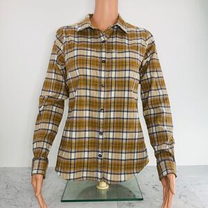 ROYAL ROBBINS Flannel Shirt Women XS Gold Cream Plaid Button-Up Outdoor REI EUC